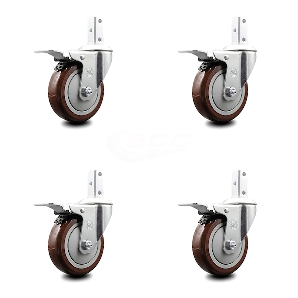 4 Inch Maroon Poly Wheel Swivel 3/4 Inch Square Stem Caster Set Total Lock Brake